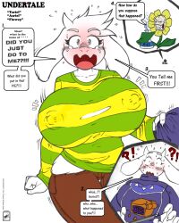 2d 2girls asriel_dreemurr ass_expansion big_breasts blush boss_monster breast_expansion caprine color_edit colored dialogue english english_dialogue english_text female female_asriel flowey_the_flower gender_transformation goat hourglass_figure humor multiple_girls nipple_bulge nipples_visible_through_clothing rule_63 sabotage talking text thick_thighs toriel transformation undertale undertale_(series) walter_sache