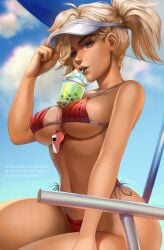 1girls adjusting_clothes adjusting_headwear baywatch between_breasts bikini blizzard_entertainment blue_eyes blue_sky breasts bubble_tea bubble_tea_challenge cloud cloudy_sky covered_navel cup day disposable_cup drinking_straw eyelashes eyeliner female fingernails hair_over_one_eye highres large_breasts lifeguard long_fingernails looking_at_viewer makeup mavoly meme mercy mismatched_eyebrows navel nose overwatch overwatch_2 pink_lips platinum_blonde_hair red_bikini short_ponytail side-tie_bikini_bottom sitting sky solo spaghetti_strap strap_gap summer swimsuit tan thick_eyebrows underboob visor_cap watermark web_address whistle whistle_around_neck