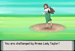 1girls aroma_lady_(pokemon) aroma_lady_(pokemon_bdsp) brown_eyes brown_hair dress green_dress metachoke npc_trainer pokemon pokemon_bdsp white_blouse