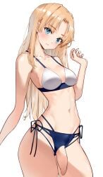 1futa bikini blonde_futa blonde_hair blue_eyes breasts censored cleavage clothed clothing cowboy_shot flaccid flaccid_penis foreskin futa_only futa_sans_balls futanari head_tilt highres horny human intact light-skinned_futanari light_skin long_foreskin long_hair looking_at_viewer medium_breasts mosaic_censoring mostly_nude navel original penis penis_out shiratama_(monster1553) side-tie_bikini_bottom simple_background solo standing swimsuit toony uncut unretracted_foreskin white_background