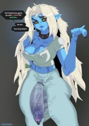 1futa 2022 big_breasts big_penis blue_oni_(streachybear) blue_skin breasts choker cleavage clothed clothing cock_ring dialogue english_text erect_nipples erection erection_under_clothes futa_only futanari huge_cock humanoid humanoid_penis imminent_sex long_hair looking_at_viewer mostly_clothed no_bra no_panties no_underwear nose_piercing orc orc_futanari original penis penis_piercing piercing pointy_ears prostitution see-through see-through_clothing solo speech_bubble spiked_collar standing streachybear text thick_thighs wet_clothes white_hair wide_hips