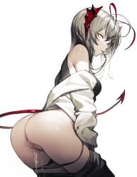 1girls anus arknights ass cross demon_girl demon_horns demon_tail female highres horns iumu looking_at_viewer medium_breasts panties panty_pull pussy pussy_juice solo tail uncensored w_(arknights) yellow_eyes