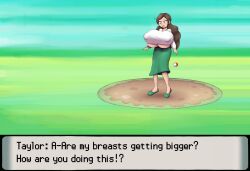 1girls aroma_lady_(pokemon) aroma_lady_(pokemon_bdsp) breast_expansion breasts_bigger_than_head brown_eyes brown_hair expansion huge_breasts large_breasts metachoke npc_trainer pokemon pokemon_bdsp surprised