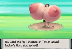 1girls aroma_lady_(pokemon) aroma_lady_(pokemon_bdsp) breast_expansion brown_eyes brown_hair expansion huge_nipples hyper hyper_breasts massive_breasts metachoke npc_trainer pokemon pokemon_bdsp solo solo_female surprised