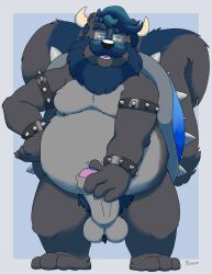 1boy 2022 anthro ball_tuft balls ballsack beard belly big_belly blue_hair body_fur bravo countershading erection eyewear facial_hair fluffy_fur fluffy_tail foreskin genitals glasses grey_fur hi_res horns humanoid_genitalia humanoid_hands humanoid_penis intact koopa male male_only male_pubic_hair mammal mario_(series) masculine mature_male mephitid moobs mustache nintendo nude_male overweight overweight_male partially_retracted_foreskin penis scalie scrotum skunk smooth_penis solo testicles uncut video_games