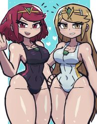 2girls big_breasts blonde_hair female female_only hand_on_hip light-skinned_female light_skin looking_at_viewer mythra pyra red_eyes red_hair swimsuit swimwear thick_thighs thighs tony_welt wide_hips xenoblade_(series) xenoblade_chronicles_2 yellow_eyes