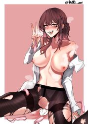 absurdres arm_up bangs bare_shoulders black_pantyhose blush border braid breasts brown_eyes brown_hair collarbone commission condom dogs_(dlrkdejr26) facial_mark feet_out_of_frame female female_commander_(girls'_frontline) french_braid girls'_frontline hand_on_floor highres holding holding_condom korean_commentary large_breasts long_hair long_sleeves looking_at_viewer navel nipples on_floor open_clothes open_mouth open_shirt pantyhose pussy_juice shirt simple_background sitting smile solo spread_legs steaming_body sweatdrop teardrop teeth thighs torn_clothes torn_pantyhose twitter_username upper_teeth used_condom v white_border white_shirt