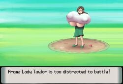 1girls aroma_lady_(pokemon) aroma_lady_(pokemon_bdsp) breast_expansion breasts_bigger_than_head brown_eyes brown_hair confused distracted expansion holding_breast huge_breasts large_breasts massive_breasts metachoke npc_trainer pokemon pokemon_bdsp