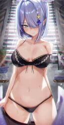 1girls bare_shoulders belly_button big_breasts blue_hair blush blush cleavage dragon_girl dragon_wings elira_pendora exposed_shoulders hair_covering_eye hair_over_one_eye hair_wings head_wings hip_wings looking_at_viewer midriff navel nijisanji nijisanji_en one_eye_covered one_eye_obstructed ruru_nnnn solo solo_female solo_focus sweat sweating thighhighs underwear virtual_youtuber x_hair_ornament