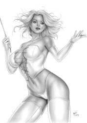 black_and_white corset curvy curvy_female elbow_gloves emma_frost female hourglass_figure lingerie mark_eugene marvel marvel_comics navel panties pinup riding_crop straight_hair thighhighs white_queen wide_hips x-men