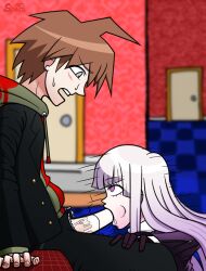 1boy 1boy1girl 1girls ahoge big_penis blowjob clothed danganronpa danganronpa:_trigger_happy_havoc female kirigiri_kyouko motion_lines naegi_makoto saliva saliva_on_penis saliva_trail sinnerspatz sole_female sole_male straight_hair white_hair