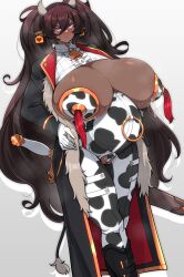 1girls absurdres animal_print areola_slip bangs big_belly big_hair blush boots breastless_clothes breasts breasts_out brown_hair cameltoe closed_mouth coat cow_horns cow_print cow_tail cowbell crotchless crotchless_pants curvy dark-skinned_female dark_elf dark_elf_(konoshige) ear_tag elf fat_mons feet_out_of_frame female female_only frown fur-trimmed_coat fur_trim gigantic_breasts grey_background groin hair_between_eyes hands_on_hips highres horns huge_areolae konoshige_(ryuun) lactation lactation_through_clothes long_coat long_hair looking_at_viewer military military_coat military_uniform original panties pants pasties pointy_ears pregnant purple_eyes revealing_clothes ryuun_(stiil) sheath shiny shiny_breasts shiny_clothes shiny_hair shiny_skin sidelocks slutty_outfit solo standing sweat sweatdrop sword tail tassel thick_thighs thighs twintails underwear uniform veins veiny_breasts very_long_hair weapon wide_hips