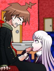 1boy 1boy1girl 1girls ahoge big_penis clothed danganronpa danganronpa:_trigger_happy_havoc female gloved_handjob handjob kirigiri_kyouko licking licking_penis motion_lines naegi_makoto saliva saliva_on_penis saliva_trail sinnerspatz sole_female sole_male straight_hair white_hair