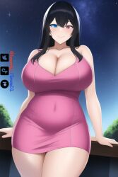 1girls ai_generated artist_self-insert blue_eyes cleavage curvy curvy_body curvy_female curvy_figure emzie01 funemily1 heterochromia large_breasts legs long_hair looking_at_viewer looking_down nai_diffusion night outdoors outside pink_dress pink_outfit red_eyes sky smirk stable_diffusion tagme thighs tight_clothing watermark