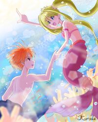 blonde_hair blue_eyes blue_tail kaito_doumoto lucia_nanami mermaid mermaid_girl mermaid_melody_pichi_pichi_pitch mermaid_tail nanami_lucia pink_tail underwater