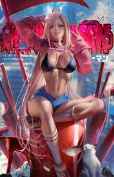 1girls big_breasts bikini_bottom bikini_top blonde_hair booty_shorts breasts chainsaw_man choker demon demon_girl feline female grin high_socks horns jean_shorts long_hair meowy_(chainsaw_man) peace_sign power_(chainsaw_man) sakimichan short_shorts shorts smile top_lift weapon yellow_eyes