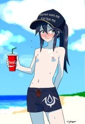 1girls alternate_hairstyle beach blue_eyes blue_hair blush breasts casual_nudity coca-cola embarrassed female female_only fire_emblem fire_emblem_awakening hat long_hair lucina_(fire_emblem) male_swimwear_challenge myahogao nintendo ponytail small_breasts solo swimsuit topless women_want_me_fish_fear_me