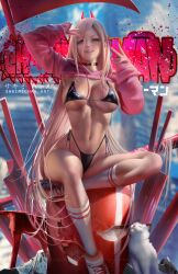 1girls big_breasts bikini_bottom bikini_top black_bikini blonde_hair booty_shorts breasts chainsaw_man choker demon demon_girl feline female high_socks horns long_hair meowy_(chainsaw_man) micro_bikini peace_sign power_(chainsaw_man) sakimichan smile tongue tongue_out top_lift weapon yellow_eyes