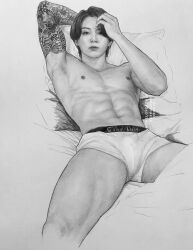 1boy abs asian asian_male big_lips black_hair bts bulge bulge_through_clothing calvin_klein earrings erection floor jeon_jung_kook korean kpop lying_on_bed male male_only muscular muscular_male naked nipples open_eyes shirtless shirtless_(male) tattoo underwear usinger white_body white_skin yaoi