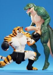 2boys 3d_(artwork) abs anthro ball_punching ballbusting big_bulge big_penis bottomwear boxing_gloves bulge claws clenched_teeth clothing cock_and_ball_torture connivingrat crocodilian duo erection felid fingerless_gloves footwear foreskin genital_torture genitals gloves handwear helm_(connivingrat) hi_res huge_bulge male male/male male_only mammal muscular muscular_male nipples nude open_mouth pain pantherine partially_retracted_foreskin pecs penis reptile scalie shorts stead_(connivingrat) teeth tiger torture uncut wide_eyed
