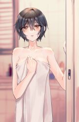 black_hair blush breasts d4dj door female miyake_aoi short_hair shower solo_female surprised wet wet_body wet_hair women