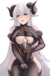 1girls absurdres after_paizuri albion_(azur_lane) albion_(silvermoon_faerie_princess)_(azur_lane) azur_lane bare_hips black_bodysuit black_gloves black_horns blue_eyes blush bodysuit breasts clothing_cutout covered_nipples cum cum_on_body cum_on_breasts curled_horns elbow_gloves female fur-trimmed_gloves fur_trim gem gloves gold_trim highres horns huge_breasts light-skinned_female light_skin long_hair nya_cot official_alternate_costume pointy_ears red_gemstone royal_navy_(azur_lane) simple_background stain stained_clothes underboob underboob_cutout very_long_hair white_background white_hair