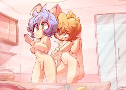 1boy 1boy1girl 2020 anthro bathroom blue_hair blush brown_hair brush color digital_drawing_(artwork) digital_media_(artwork) female heart neceet nervous nude nude_female nude_male oc original original_character penis pussy