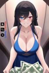 1girls ai_generated artist_self-insert blue_dress blue_eyes cleavage emzie01 funemily1 heterochromia large_breasts long_hair looking_at_viewer money nai_diffusion pov red_eyes smirk stable_diffusion tagme watermark