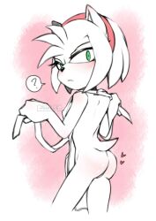 amy_rose anthro apron ass clothing eulipotyphlan female green_eyes headgear headwear hedgehog hi_res looking_at_viewer mammal mostly_monochrome pikative rear_view sega solo sonic_(series) sonic_the_hedgehog_(series)