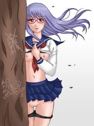 black_panties blush bra_lift class_3-z female female_only flashing gintama glasses hairless_pussy lavender_hair long_hair looking_at_viewer mole_under_eye official_alternate_costume panties panties_down pleated_skirt presenting purple_eyes purple_hair red-framed_glasses sarutobi_ayame school_uniform schoolgirl serafuku shaved_pussy shirt_lift small_breasts solo thigh_gap tree wind