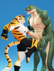 2boys 3d_(artwork) abs anthro ballbusting big_penis bottomwear claws clenched_teeth clothing cock_and_ball_torture connivingrat crocodilian duo erection felid fingerless_gloves footwear genital_torture genitals gloves handwear helm_(connivingrat) hi_res knee_strike male male_only mammal muscular muscular_male nipples nude open_mouth pain pantherine pawpads pecs penis reptile scalie shorts stead_(connivingrat) teeth tiger torture wide_eyed