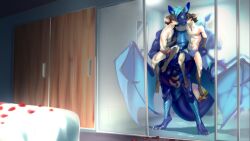 16:9 anthro anthro_on_anthro arno_(peritian) biped blue_body blue_clothing bulge celio_(peritian) clothing domestic_cat dragon eli_(papadwaggy) felid feline felis group hi_res interspecies male male/male mammal membrane_(anatomy) membranous_wings peritian red_clothing siamese sibling size_difference trio twins widescreen wings