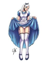 1girls alice_in_wonderland alice_liddell_(cosplay) artist_signature blood_bond blue_and_white blue_dress blue_eyes cosplay diana_blackburn diana_green dress dress_lift female female_focus female_only fit fit_female freckles freckles_on_face frilled_panties frills human human_only lifting lifting_dress light-skinned_female light_blue_eyes light_skin medium_hair monstershake panties smile smiling solo solo_female suspenders thigh_highs thighhighs upskirt white_background white_hair