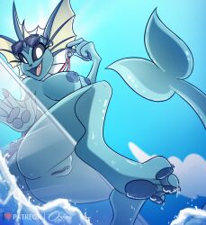 anthro ass big_breasts blue_body breasts day eeveelution female generation_1_pokemon genitals hi_res nintendo nipples open_mouth orias_art outside pokémon_(species) pokemon pokemon_(species) pokemorph pussy sitting solo thick_thighs vaporeon video_games