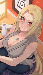 1girls bare_arms bare_shoulders big_breasts blonde_hair blush breast_focus brown_eyes busty cleavage clothed clothing cute darahan female female_focus female_only forehead_jewel forehead_mark fully_clothed hi_res highres indoors inner_sideboob jewelry large_breasts light-skinned_female light_skin lips lipstick long_hair looking_at_viewer mature mature_female milf naruto naruto_(classic) naruto_(series) naruto_shippuden necklace pale-skinned_female pale_skin pink_lips pink_lipstick pinup ponytail sake sake_bottle shounen_jump sitting sleeveless sleeveless_shirt solo solo_female solo_focus tied_hair tsunade very_long_hair voluptuous