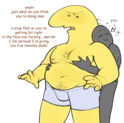 ambiguous_gender annoyed anon body_hair charlie_(smiling_friends) chubby_male embrace english_text human imentallyunwell male male_only profanity slightly_chubby smiling_friends sweat text threat topless topless_male underwear yellow_skin