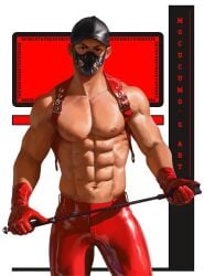 1boy 1male abs bara bdsm_gear bdsm_outfit biceps big_pecs bondage face_mask gay latex latex_gloves latex_legwear male mocucumo muscles muscular muscular_male pectorals red yaoi