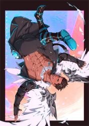 1boy 1male abs angel angel_wings bara brown_hair falling gay leather_boots leather_clothing leather_jacket looking_at_viewer mocucumo muscle muscles muscular muscular_male sky yaoi