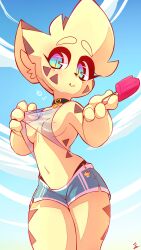 1girls 2020 anthro blush collar color digital_drawing_(artwork) digital_media_(artwork) female female_only multicolored_eyes neceet nelly_(neceet) outdoors popsicle see-through see-through_clothing shorts thighs yellow_fur