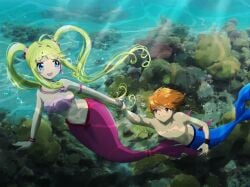 2_mermaids blonde_hair blue_eyes blue_tail kaito_doumoto lucia_nanami male mermaid mermaid_girl mermaid_melody_pichi_pichi_pitch mermaid_only mermaid_tail merman nanami_lucia pink_tail underwater