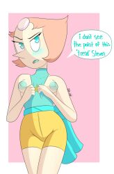 1girls aqua_nipples areolae blue_eyes blue_nipples breasts bunbunmuffinart cartoon_network english_text female_only gem_(species) humanoid light_skin looking_at_viewer nipples pearl_(steven_universe) pointy_nose short_hair small_breasts speech_bubble steven_universe