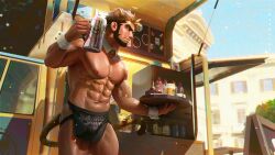 1boy abs alcander_(wakatanka4) apron bara biceps detailed_background gay gyee jockstrap male mocucumo muscle muscles muscular muscular_male nipples outdoors pectorals tiger_ears tiger_tail veins veiny veiny_muscles waiter yaoi