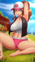 1girls armpits big_breasts blue_eyes blush breasts brown_hair cameltoe eye_contact female female_only hat hilda_(pokemon) huge_breasts light-skinned_female light_skin long_hair looking_at_viewer nintendo ohdax panties pokemon pokemon_bw smile solo thick_thighs thighs