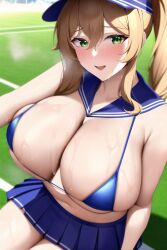 1girls ai_generated alternate_hair_color alternate_hairstyle bikini blonde_hair breasts cheerleader cleavage female genshin_impact hat huge_breasts lisa_(genshin_impact) long_hair massive_breasts micro_bikini nai_diffusion outdoors ponytail short_skirt skirt smile sports_field stable_diffusion stadium sweat sweaty_body visible_breath