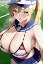 1girls ai_generated alternate_hair_color alternate_hairstyle blonde_hair breasts cheerleader cleavage female genshin_impact huge_breasts lisa_(genshin_impact) long_hair massive_breasts nai_diffusion outdoors ponytail short_skirt skirt smile sports_field stable_diffusion stadium sweat sweaty_body visible_breath