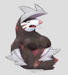 2022 anthro aroused big_breasts black_body black_fur black_nipples bodily_fluids breasts eulipotyphlan excadrill female front_view full-length_portrait fur generation_5_pokemon genital_fluids genitals hi_res honeymono mammal masturbation nintendo nipples open_mouth pokémon_(species) pokemon pokemon_(species) portrait pussy pussy_juice sitting solo vaginal_masturbation vaginal_penetration video_games