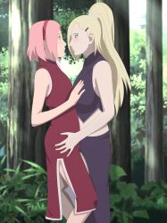 2girls bare_legs bare_shoulders big_breasts blue_eyes blush boruto:_naruto_next_generations bottomless breast_size_difference breasts busty crop_top dress eye_contact face_to_face female female/female female_only flat_chest forest frottage green_eyes implied_sex implied_vaginal ino_yamanaka leg_between_thighs looking_at_another mature mature_female milf multiple_girls naruto naruto_(series) nature no_pants optimystic outdoors partially_clothed pettanko ponytail sakura_haruno sideboob skirt small_breasts smile standing thigh_grab tied_hair touching_breast yuri