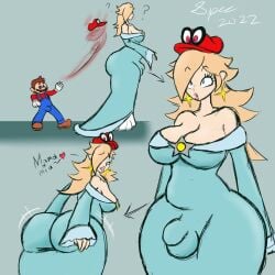 1boy 1futa 2022 ass ass_in_dress back back_view balls bare_shoulders big_ass big_ass_(futa) big_balls big_breasts big_butt big_penis blonde_hair body_takeover breasts bulge cappy_(mario) clothed clothing dress flaccid fully_clothed futa_focus futanari futanarization genderswap huge_ass huge_hips human light-skinned_futanari light_skin long_hair looking_back male male_to_futa mario mario_(series) penis possession princess princess_rosalina specnsfw standing super_mario_galaxy super_mario_odyssey text thick_thighs wide_hips