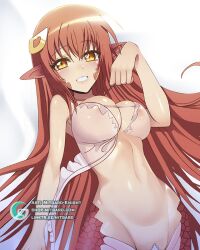 1girls amber_eyes anime_style belly_button bodypillow breasts cropped dakimakura fanart female hair hair_accessory hair_ornament hourglass_figure lamia lingerie long_hair looking_at_viewer midriff miia_(monster_musume) mitgard-knight monster_girl monster_musume_no_iru_nichijou navel pointy_ears red_hair red_scales serpent smile smiling snake_girl thin_waist waifu2x watermark wide_hips