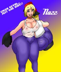 5ifty backwards_baseball_cap big_ass big_breasts blonde_female blonde_hair blondie cartoon_network dat_ass dialogue ed_edd_n_eddy green_eyes huge_ass huge_breasts huge_thighs jay-marvel jeans nazz_van_bartonschmeer old_art purple_pants red_hat seated see-through see-through_clothing see-through_shirt see-through_top simple_background squatting thick_thighs thighs thunder_thighs